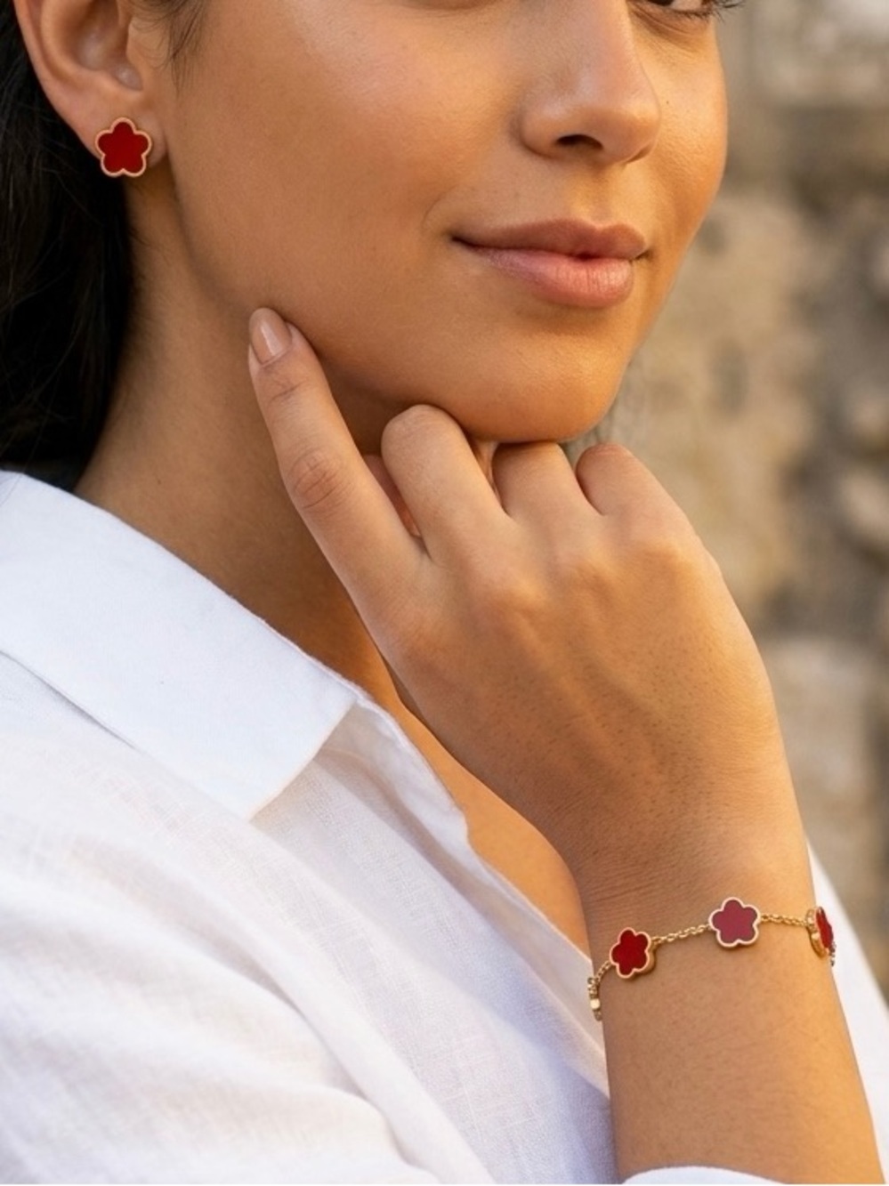 Gold Plated RED Clover Earrings bracelet SET Stainless Steel Floral